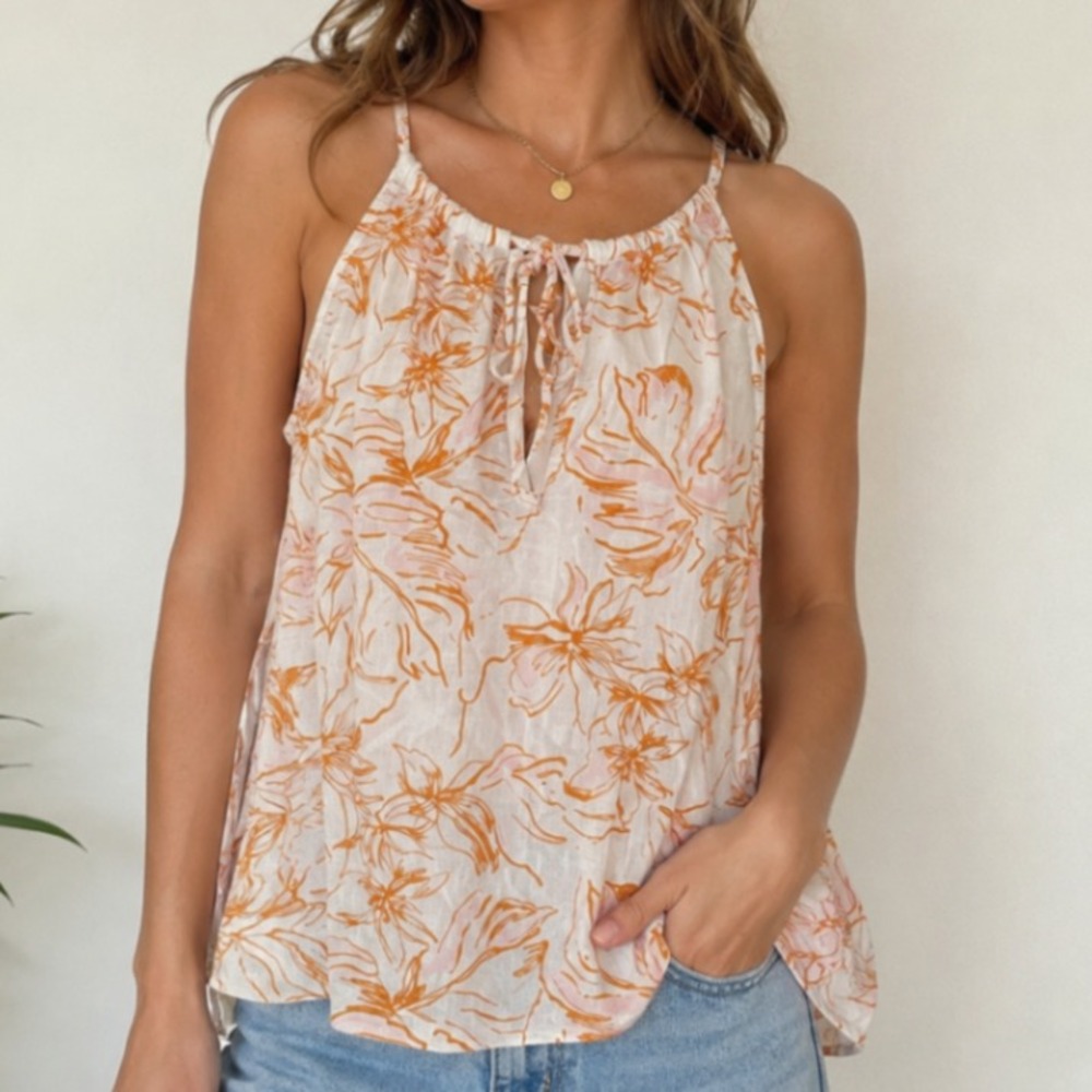 Joie Linen Blend Tank Top Medium Orange Floral Cami Lightweight Euro Summer